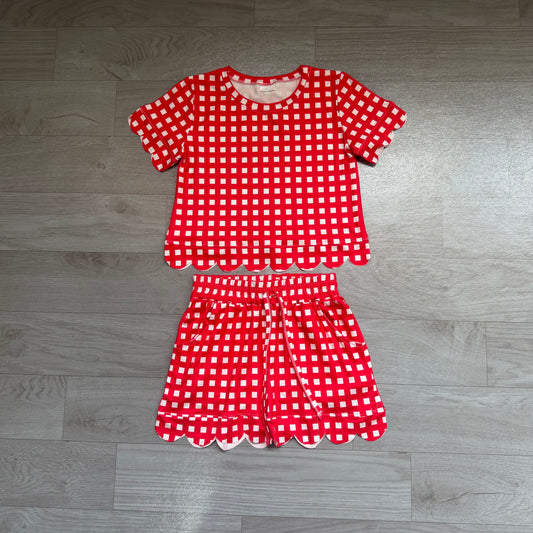 NO MOQ Preorder GSSO3838 Red Plaid Scalloped Short Sleeve Shorts Girls Sets 202607
