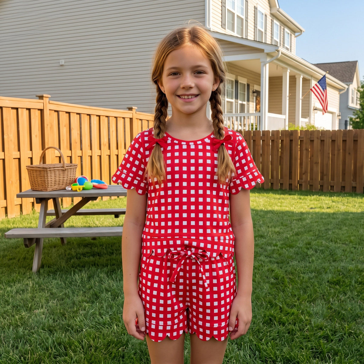Solid Color Plaid Scallop Edge Girls Shorts Set Kids Matching Clothes