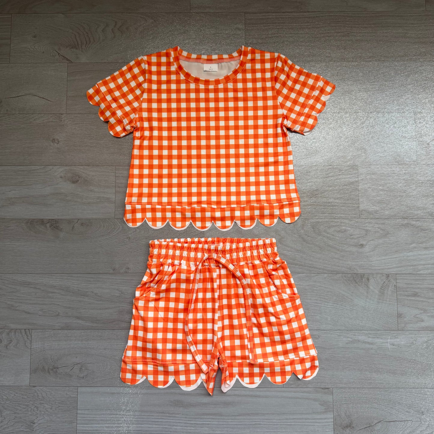 NO MOQ Preorder GSSO3839 Orange Plaid Scalloped Short Sleeve Shorts Girls Sets 202607