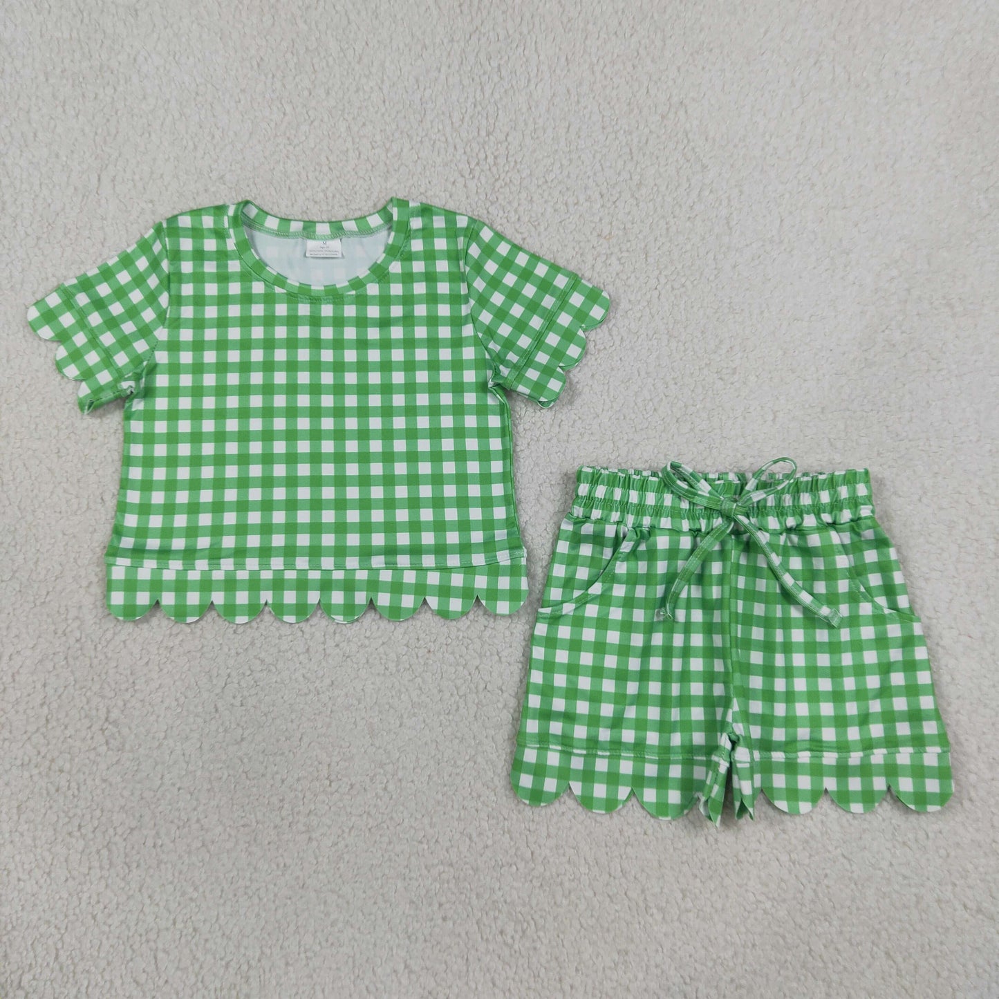GSSO3840 Green Plaid Scalloped Short Sleeve Shorts Girls Sets 202607 RTS