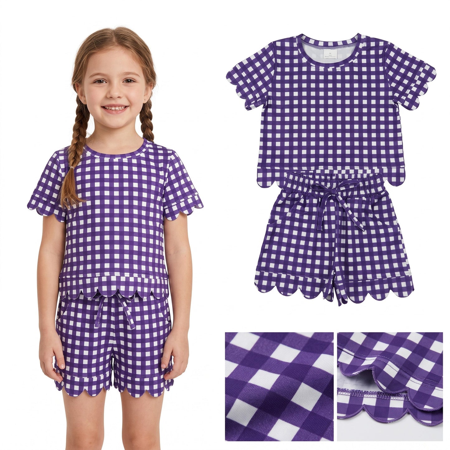 GSSO3841 Purple Plaid Scallop Edge Girls Shorts Set