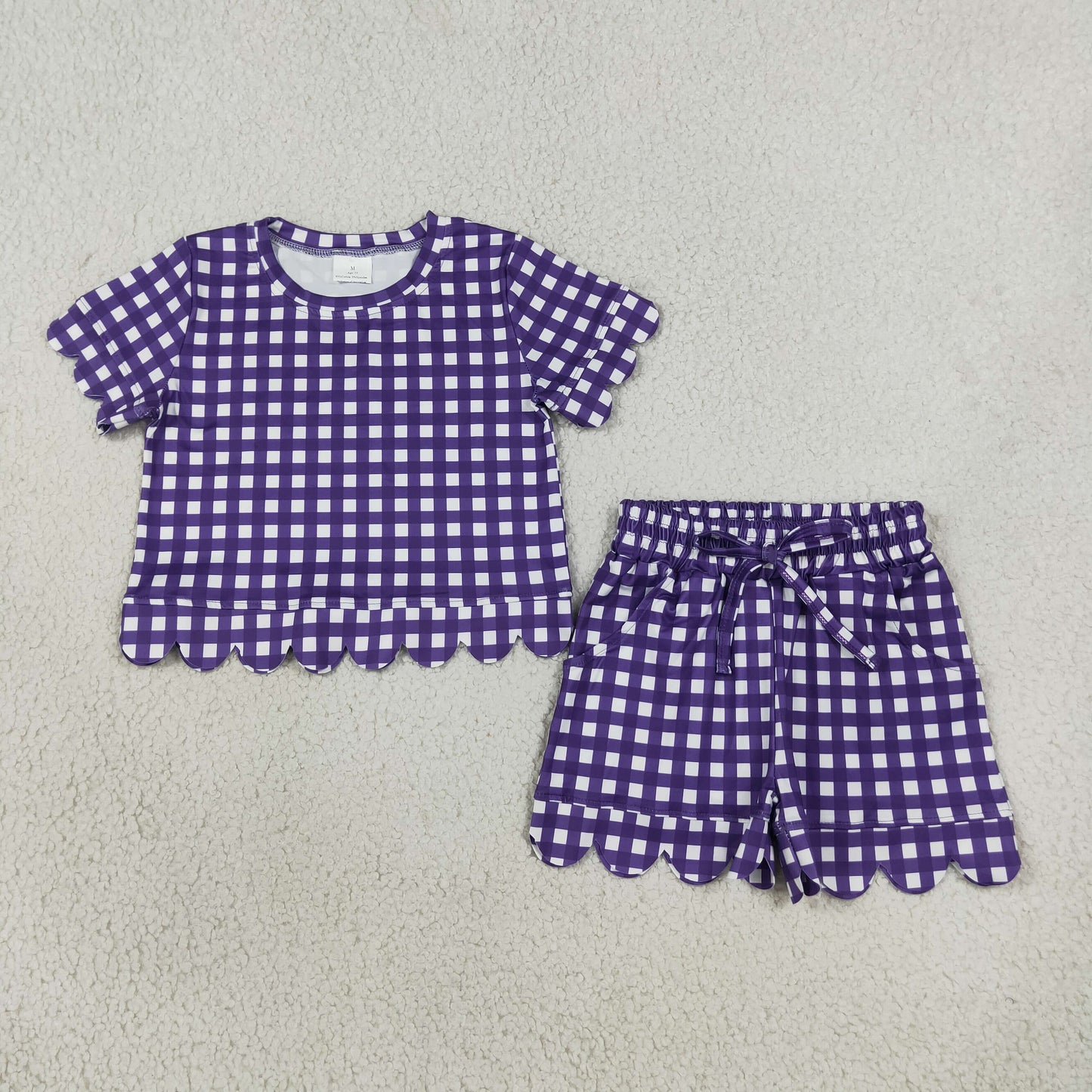 GSSO3841 Purple Plaid Scallop Edge Girls Shorts Set