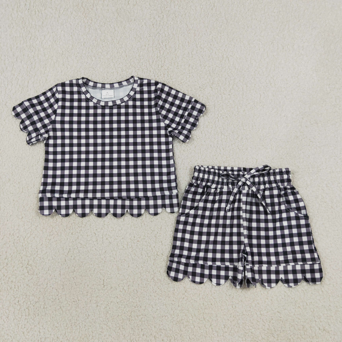 GSSO3842 Black Plaid Scalloped Short Sleeve Shorts Girls Sets 202608 RTS