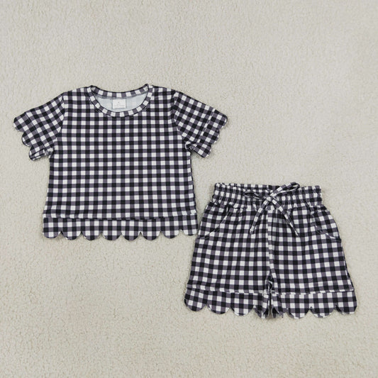 GSSO3842 Black Plaid Scalloped Short Sleeve Shorts Girls Sets 202608 RTS