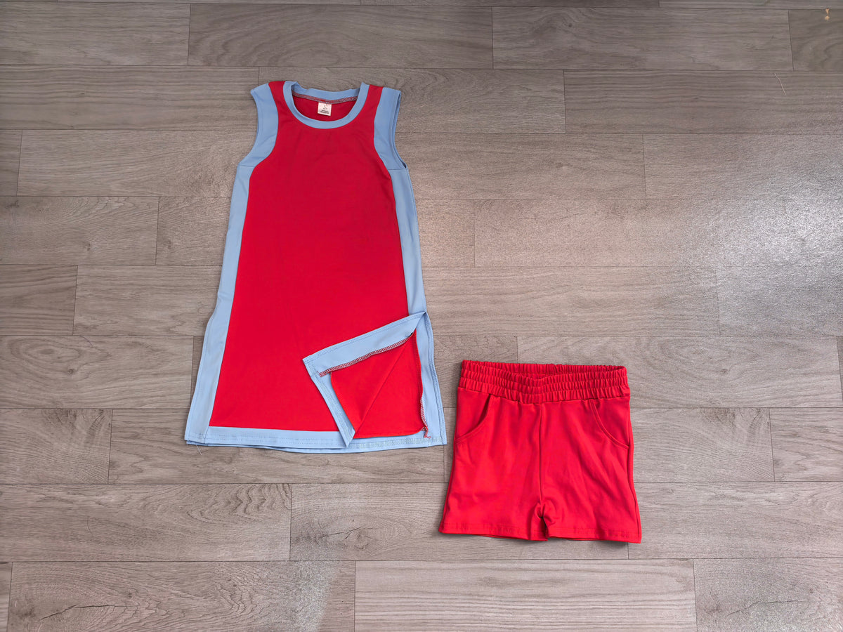 NO MOQ Preorder GSSO3846 Blue Red Sleeveless Shorts Girls Sets 202608