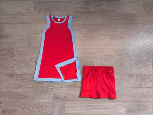 NO MOQ Preorder GSSO3846 Blue Red Sleeveless Shorts Girls Sets 202608