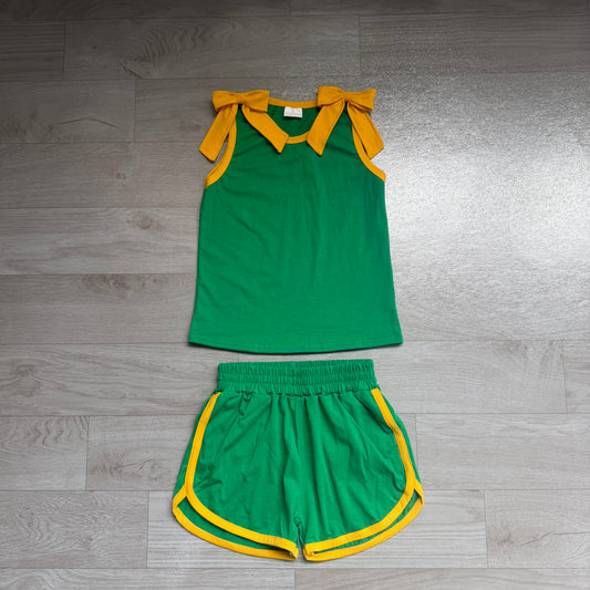 NO MOQ Preorder GSSO3850 GO TEAM Orange Green Bows Sleeveless Shorts Girls Sets 202607 （Please contact me for custom orders.）