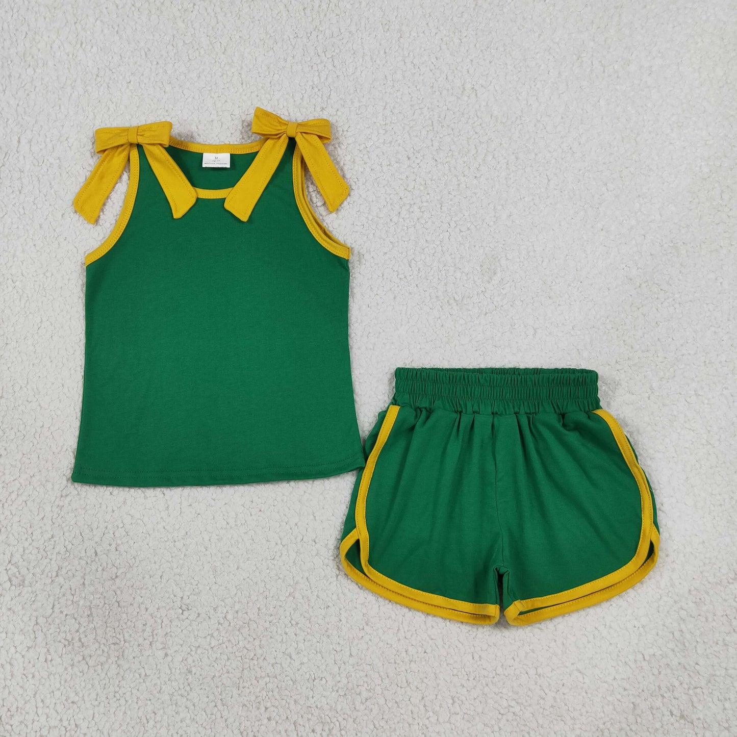 GSSO3850 Solid Color Green Yellow Bows Girls Shorts Set