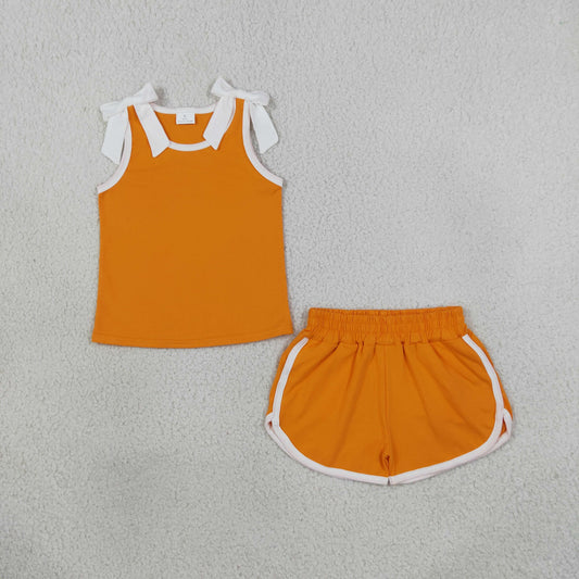 GSSO3851 Solid Color Orange White Bows Girls Shorts Set