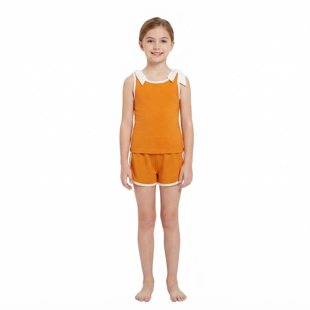 GSSO3851 Solid Color Orange White Bows Girls Shorts Set