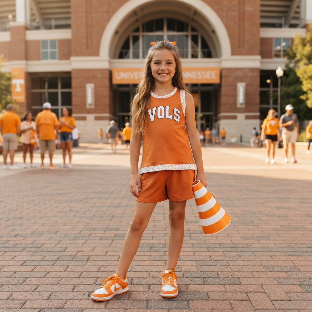 GSSO3852 Vinyl School Team Orange Yoga Girl's Dress Shorts Set