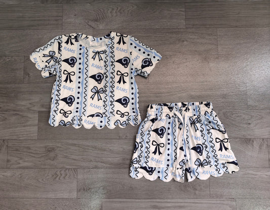 NO MOQ Preorder GSSO3853 GO TEAM RAMS Scalloped Short Sleeve Shorts Girls Sets 202608