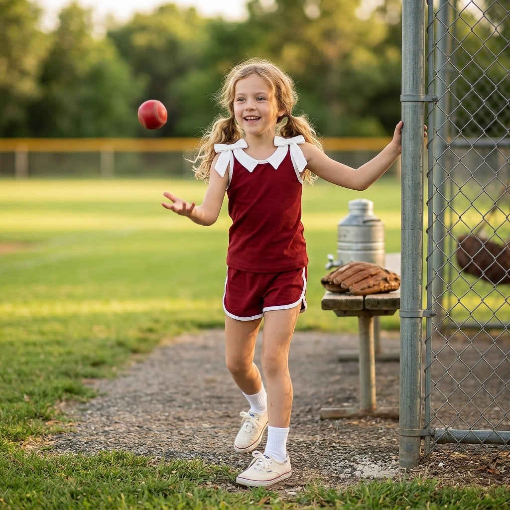 GSSO3855 Team Solid Color Dark Red White Bows Girls Shorts Set