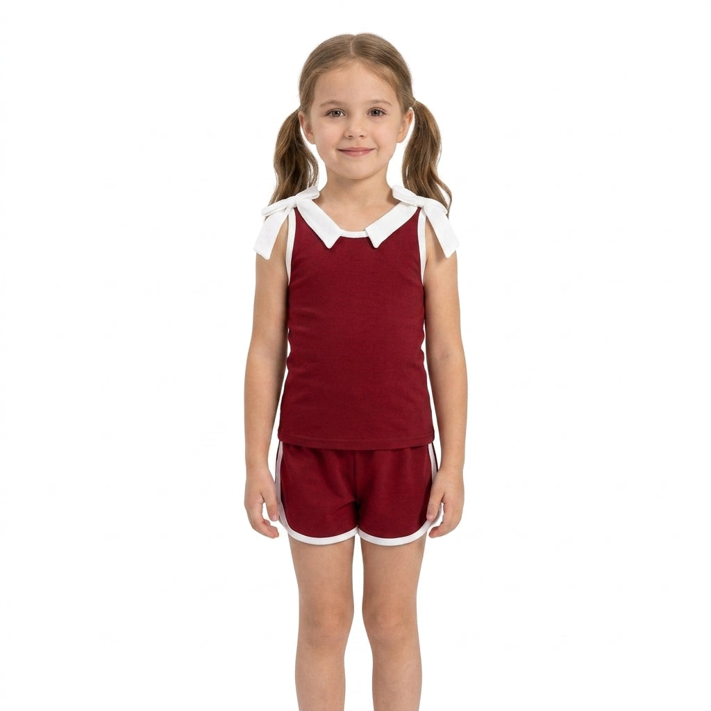 GSSO3855 Team Solid Color Dark Red White Bows Girls Shorts Set