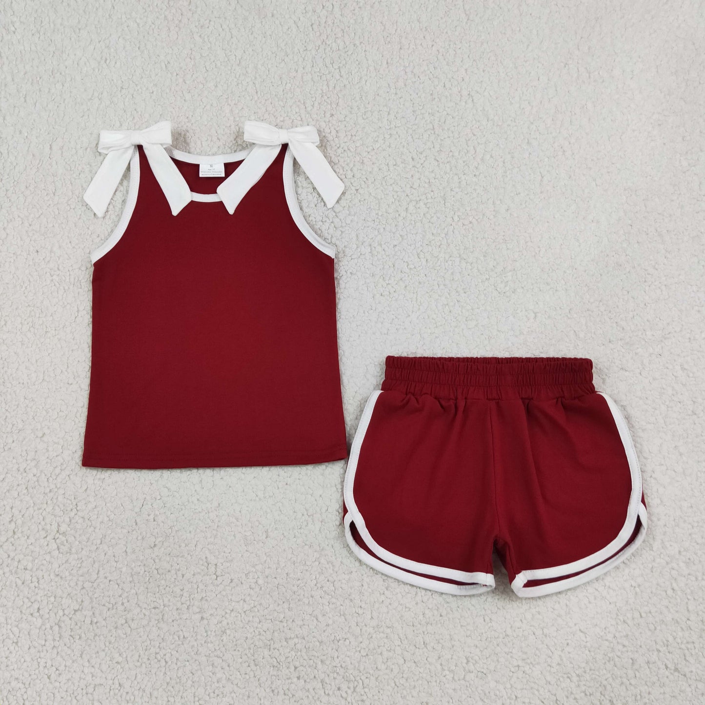 GSSO3855 Team Solid Color Dark Red White Bows Girls Shorts Set