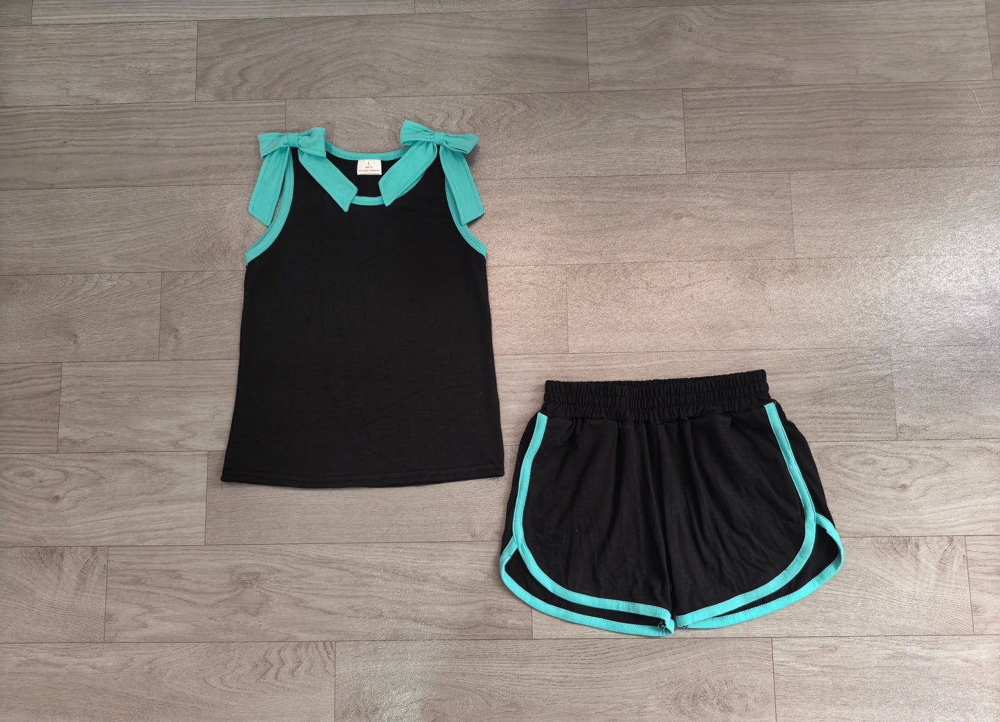 NO MOQ Preorder GSSO3856 GO TEAM Lake-Blue Black Bows Sleeveless Shorts Girls Sets 202608 （Please contact me for custom orders.）
