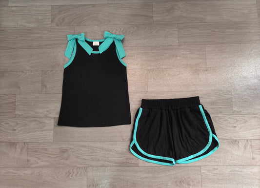 NO MOQ Preorder GSSO3856 GO TEAM Lake-Blue Black Bows Sleeveless Shorts Girls Sets 202608 （Please contact me for custom orders.）