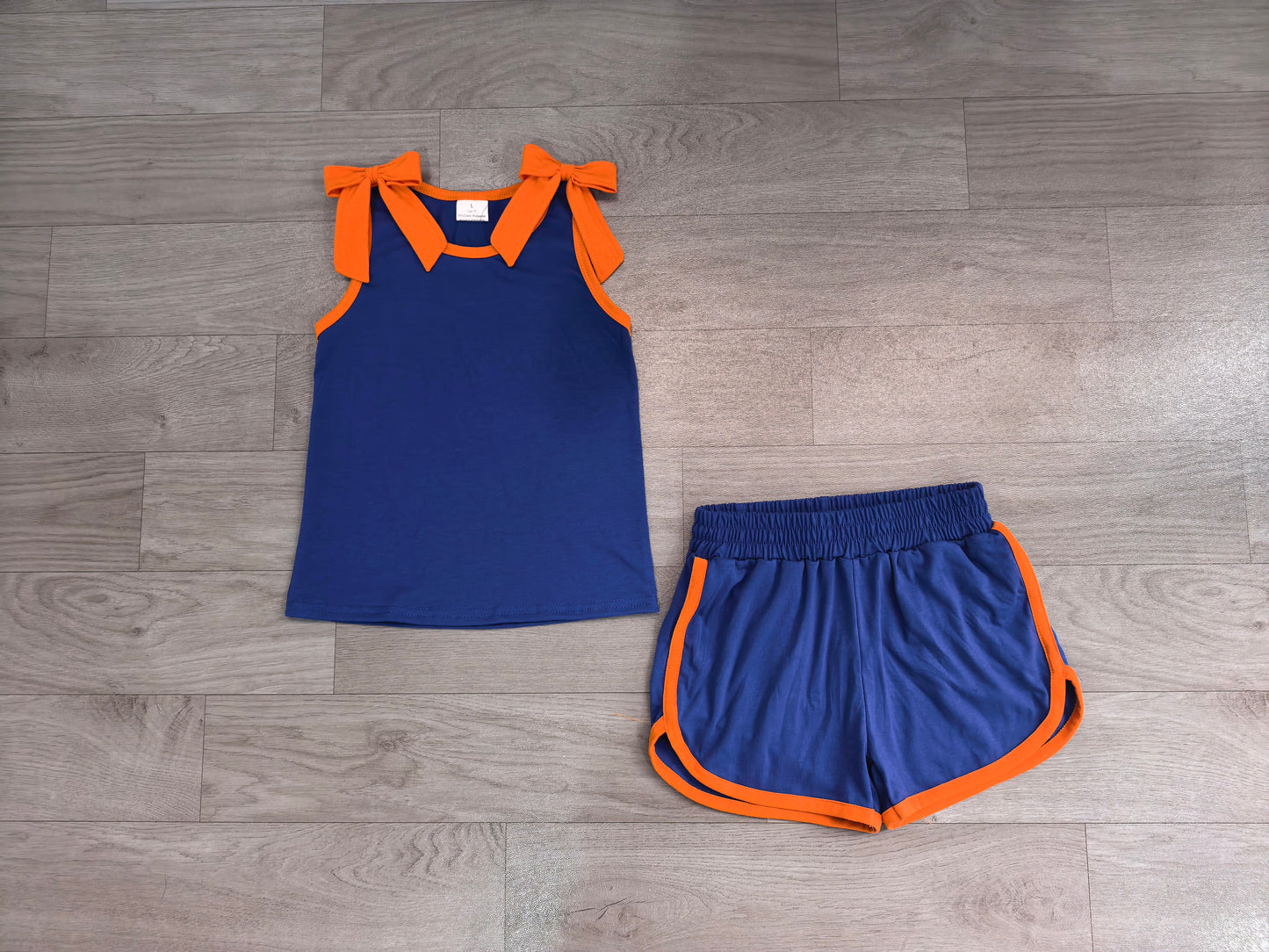 NO MOQ Preorder GSSO3857 GO TEAM Orange Blue Bows Sleeveless Shorts Girls Sets 202608 （Please contact me for custom orders.）