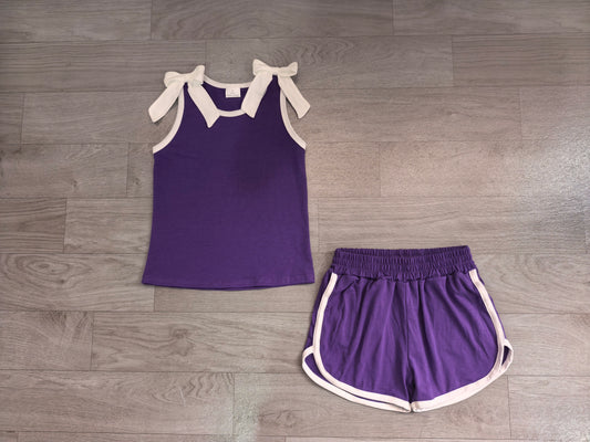 NO MOQ Preorder GSSO3858 GO TEAM White Purple Bows Sleeveless Shorts Girls Sets 202608 （Please contact me for custom orders.）
