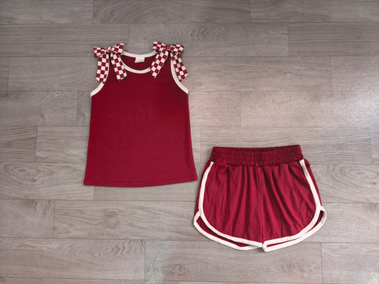 NO MOQ Preorder GSSO3859 GO TEAM Red Plaid Bows Sleeveless Shorts Girls Sets 202608 （Please contact me for custom orders.）