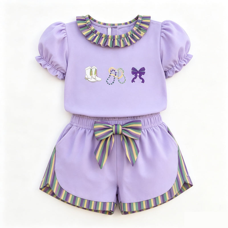 Preorder MOQ 5 pcs GSSO3861 Mardi Gras Stripe Ruffles Girls Shorts Set 202609