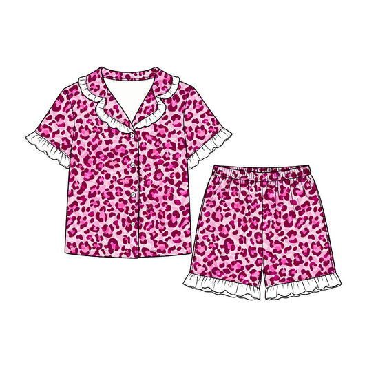 Preorder MOQ 5 pcs GSSO3864 Rose Red Leopard Ruffles Girls Shorts Pajamas Set