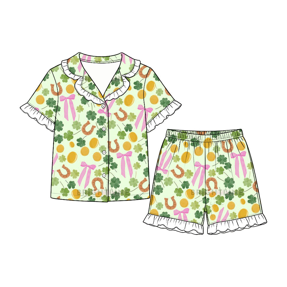 Preorder MOQ 5 pcs GSSO3865 Saint Patrick Leaves Ruffles Girls Shorts Pajamas Set