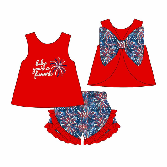 Preorder MOQ 5 pcs GSSO3873 Baby Firework Bows Ruffles Red Girls Shorts Set