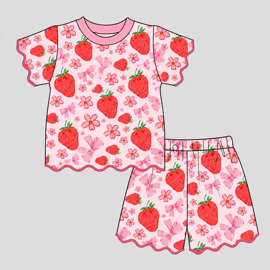 Preorder MOQ 5 pcs GSSO3874 Strawberry Flower Bows Red Scallop Edge Girls Shorts Set