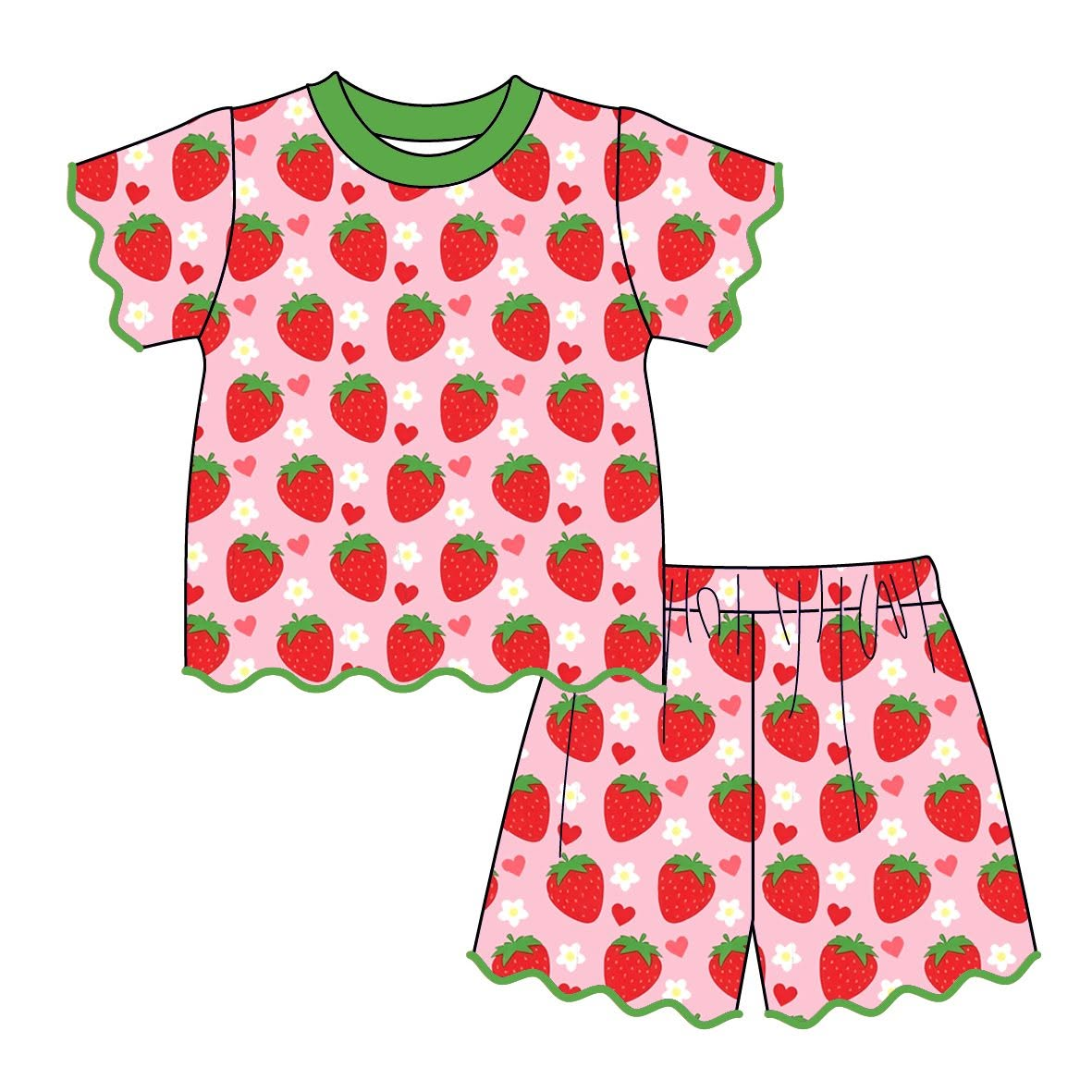 Preorder MOQ 5 pcs GSSO3875 Strawberry Flower Love Green Scallop Edge Girls Shorts Set