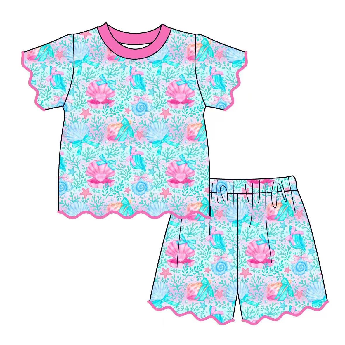 Preorder MOQ 5 pcs GSSO3876 Shell Star Rose Red Scallop Edge Girls Shorts Set