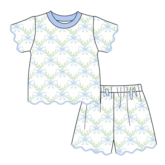 Preorder MOQ 5 pcs GSSO3877 Leaves Bows Blue Scallop Edge Girls Shorts Set