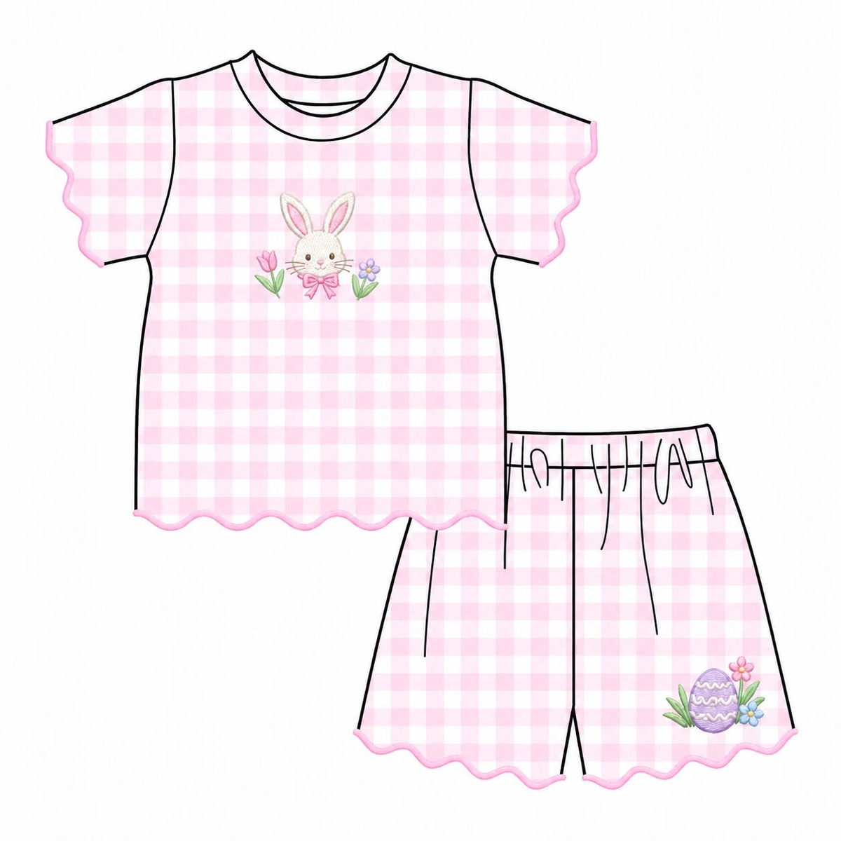 Preorder MOQ 5 pcs GSSO3880 Easter Bunny Flower Plaid Pink Scallop Edge Girls Shorts Set