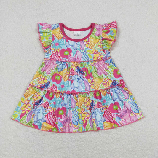 GT0471 Cartoon Pattern Outfit Rose red Yellow Mixed color Ruffle sleeveless dress Baby Girls boutique outfit 202501