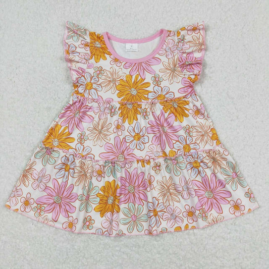 GT0476 Summer outfit Pink Orange Sunflower Dress Ruffle sleeveless dress Baby Girls boutique outfit 202501
