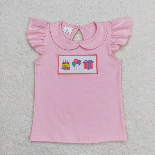 GT0501 Embroidered Happy Birthday Cake Doll Collar Pink Flying Sleeve Top Girls T-shirts RTS 202508