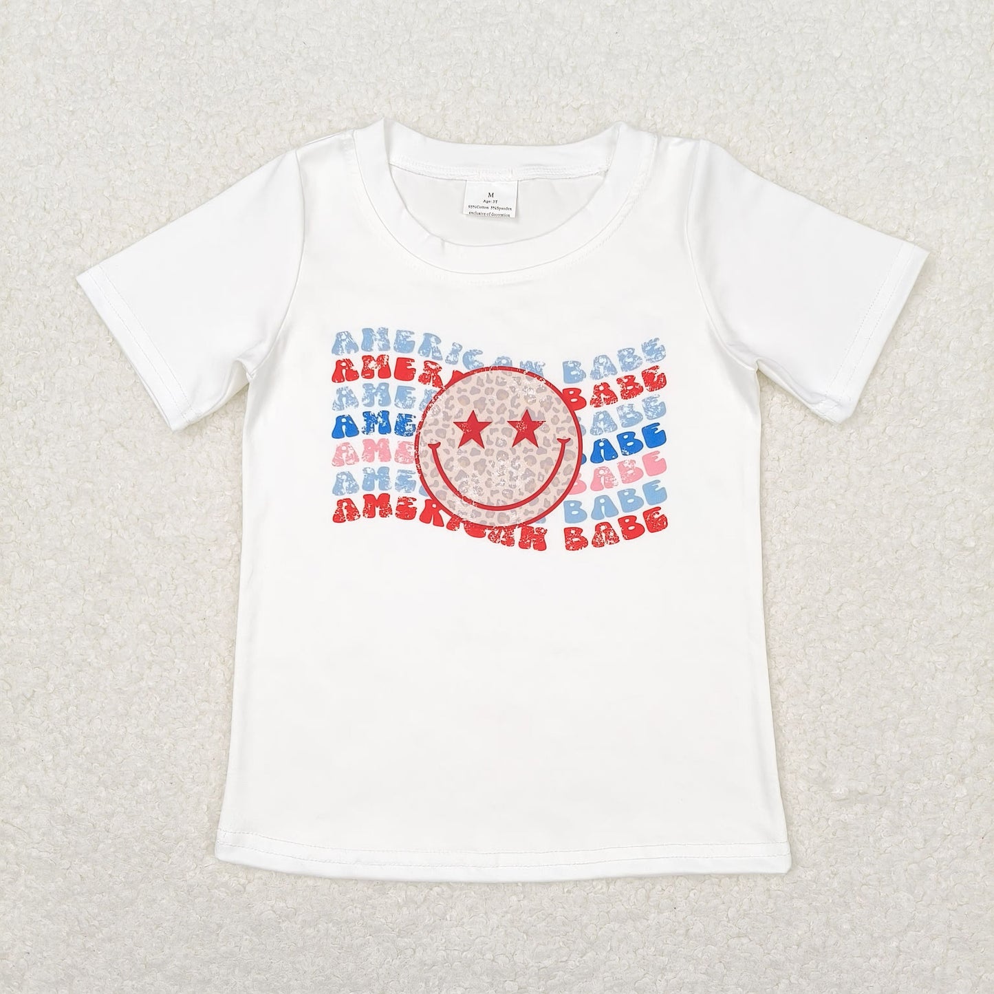 GT0502 american babe leopard print smiley face white short-sleeved top high quality wholesale children boutique clothing