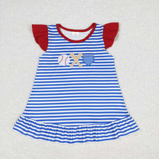 GT0560  Embroidered baseball blue and white striped flying sleeve top children clothing