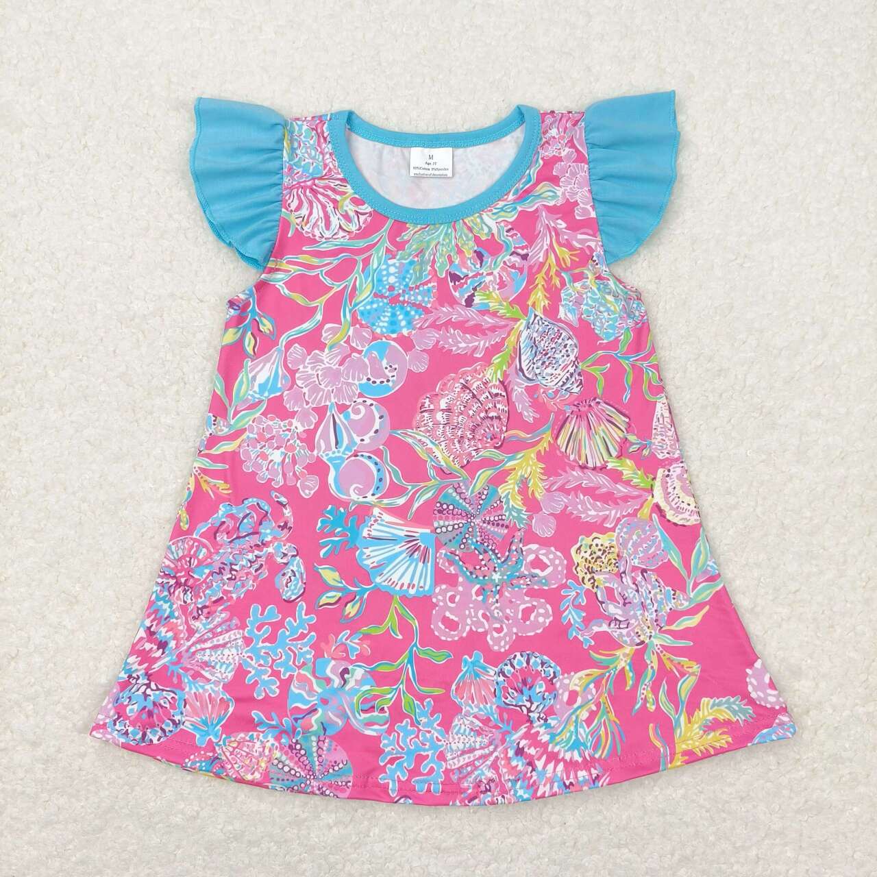 GT0564 Seagrass shell blue fly sleeve rose top 2024 children clothing