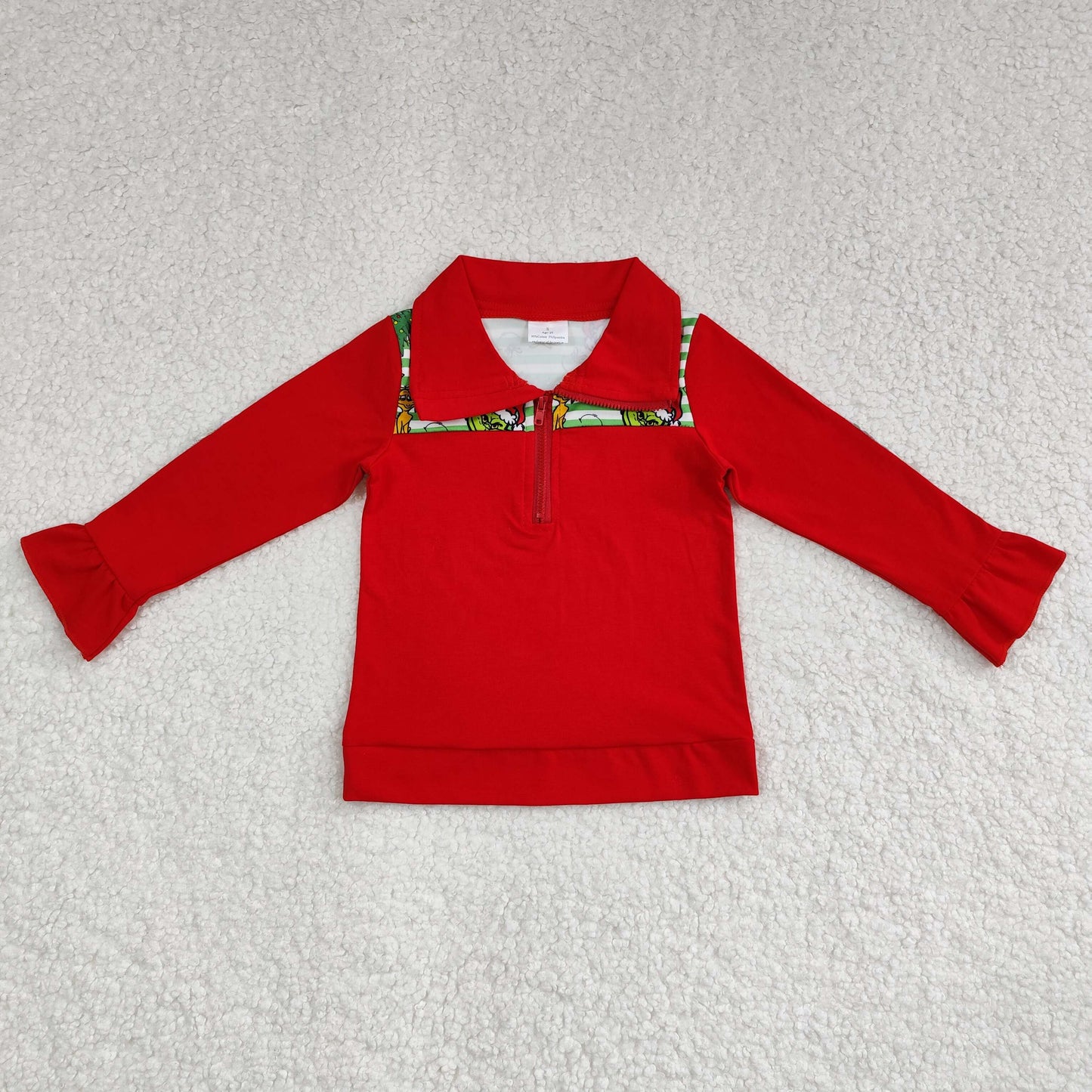 GT0611 grinch Puppy Christmas Tree Lace Green stripes Red zipper long-sleeved top