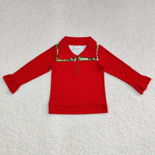 GT0611 grinch Puppy Christmas Tree Lace Green stripes Red zipper long-sleeved top