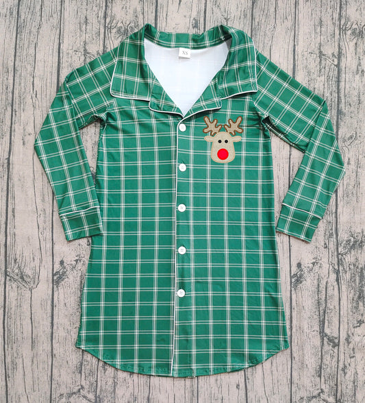 GT0621 preorder Adult female Christmas Deer Embroidered Green Plaid Button Long Sleeve Top 202508