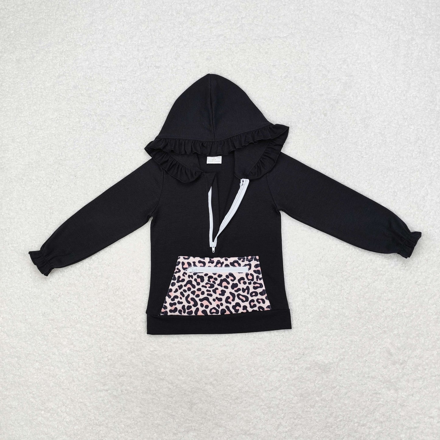 GT0624 Leopard print pocket zipper black hooded long-sleeved top