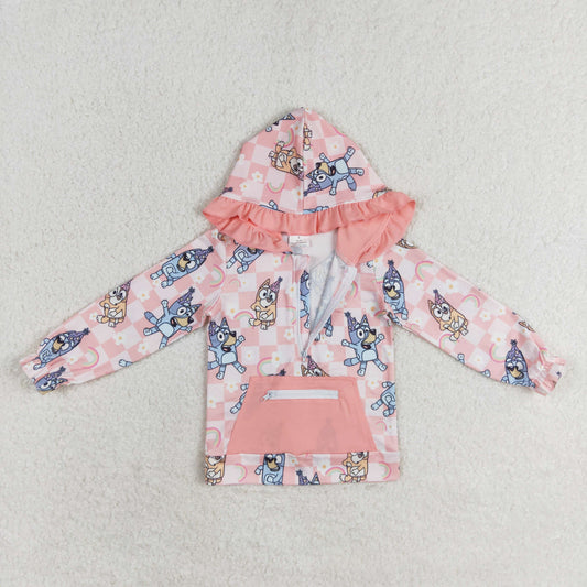 GT0633 NO MOQ bluey Rainbow floral plaid pink pocket lace zipper hooded long-sleeved top