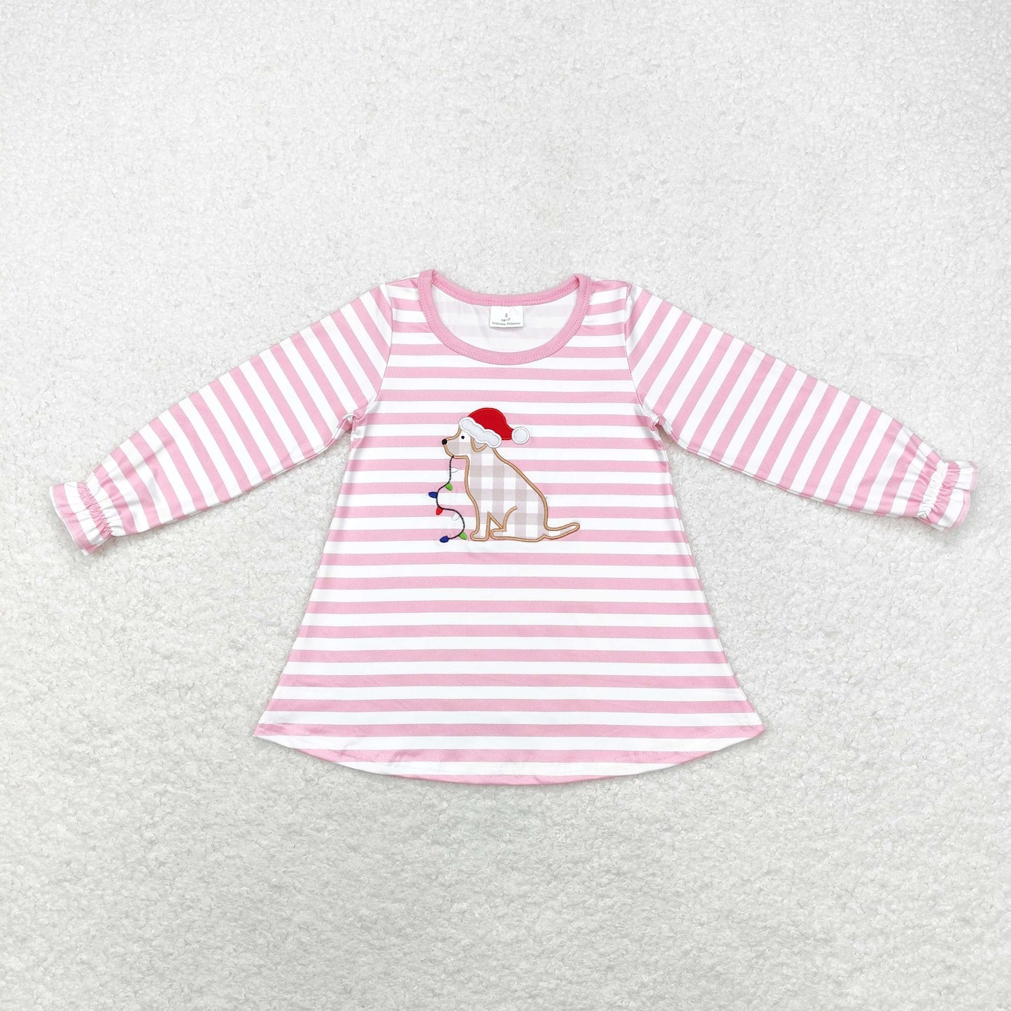 GT0659 Embroidered Santa hat dog lights striped pink white long-sleeved top