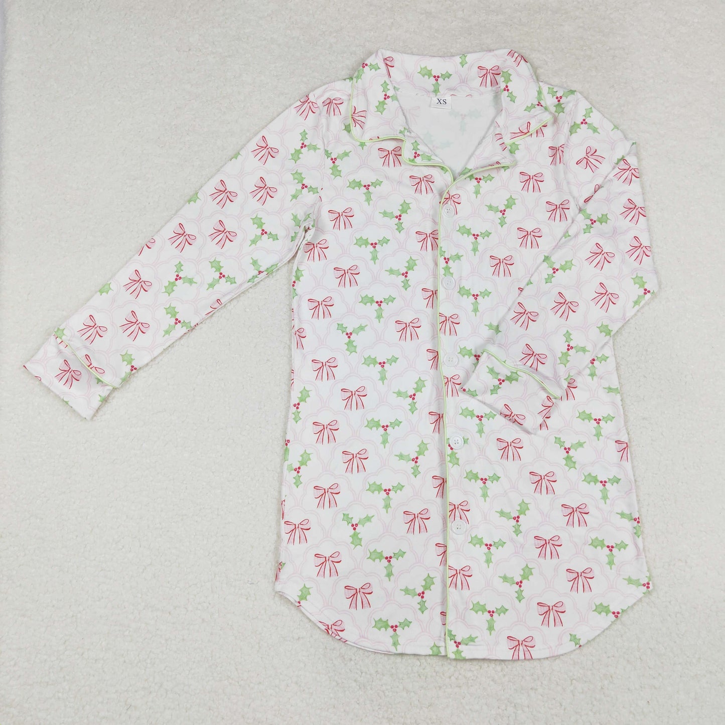 GT0661 Adult female pink bow pattern leaves white long sleeve top