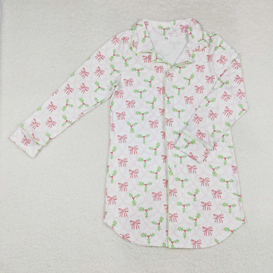 GT0661 Adult female pink bow pattern leaves white long sleeve top