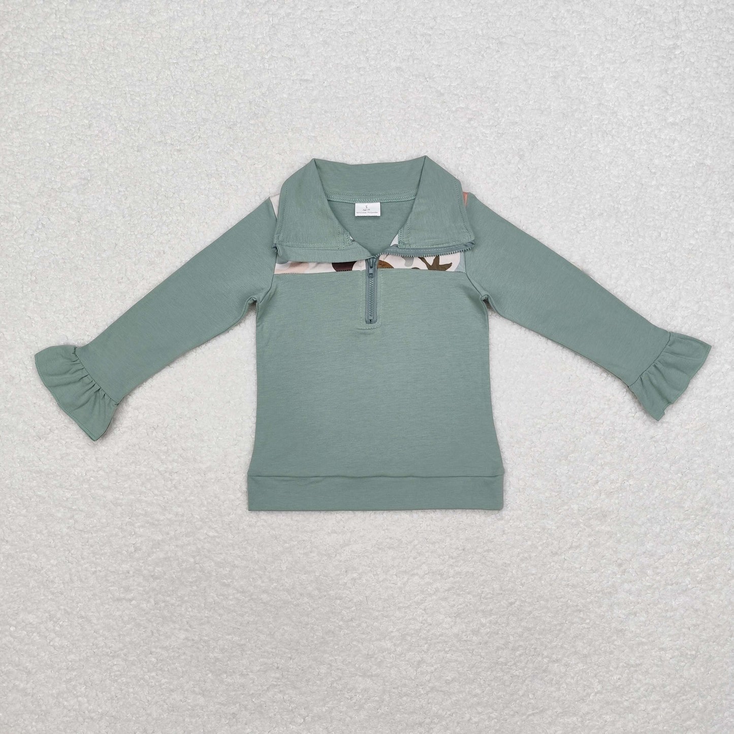 GT0669 Puppy Duck camouflage lace green zipper long-sleeved top