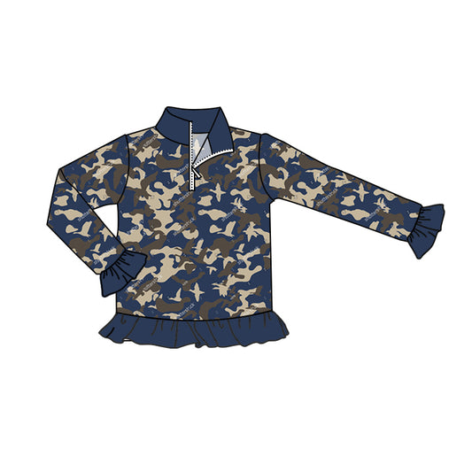 Preorder GT0672 NO MOQ navy blue camo lace zipper long-sleeved top