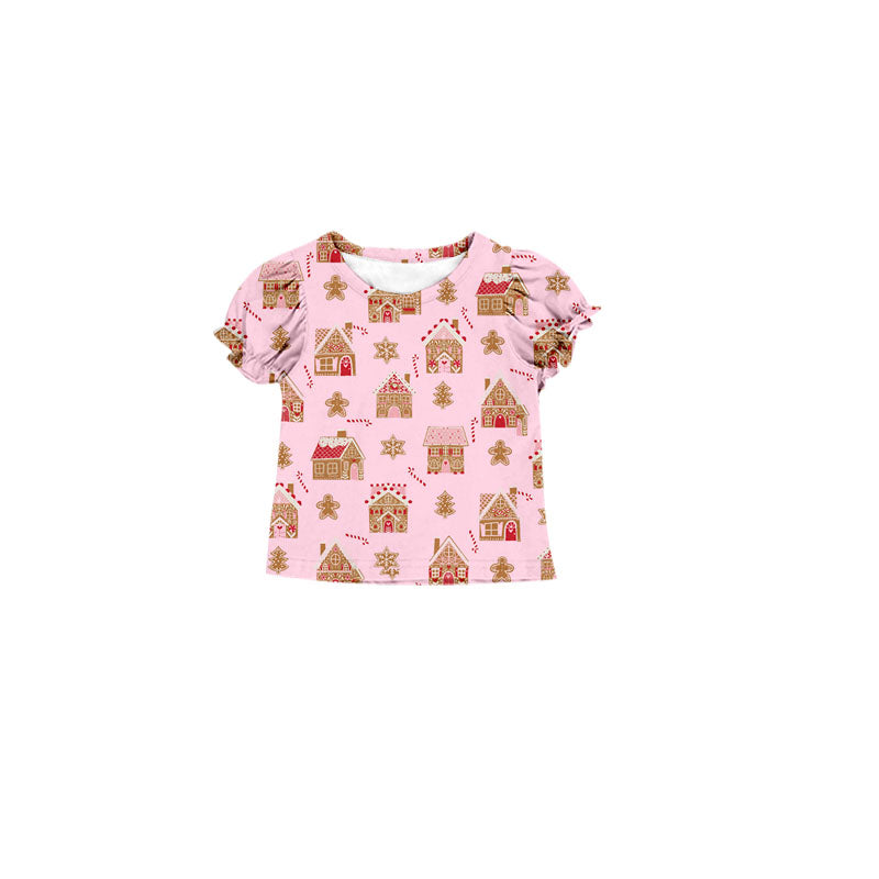 Preorder GT0675 NO MOQ Gingerbread Man House pink short-sleeved top